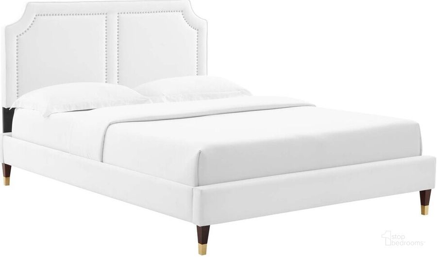 The appearance of Novi Performance Velvet King Bed In White designed by Modway in the  interior design. This white piece of furniture  was selected by 1StopBedrooms from Novi Collection to add a touch of cosiness and style into your home. Sku: MOD-6838-WHI. Bed Type: Platform Bed. Product Type: Platform Bed. Bed Size: King. Material: MDF. Image1
