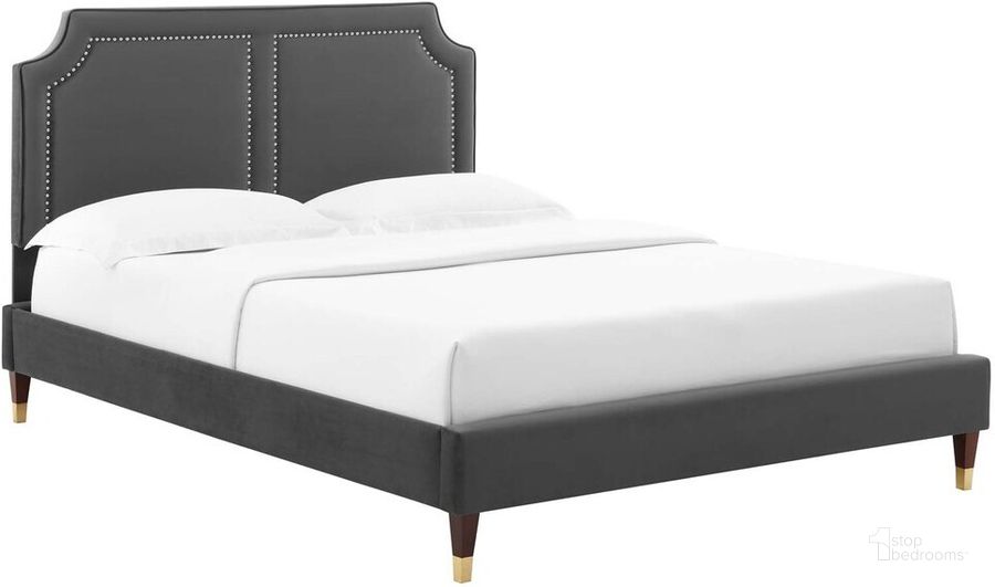 The appearance of Novi Performance Velvet Queen Bed In Charcoal designed by Modway in the  interior design. This charcoal piece of furniture  was selected by 1StopBedrooms from Novi Collection to add a touch of cosiness and style into your home. Sku: MOD-6823-CHA. Bed Type: Platform Bed. Product Type: Platform Bed. Bed Size: Queen. Material: MDF. Image1