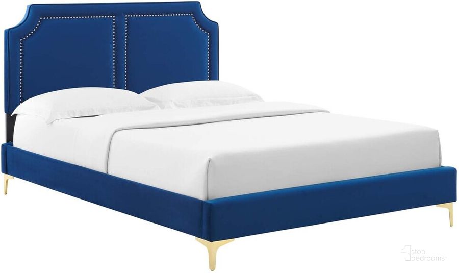 The appearance of Novi Performance Velvet Twin Bed In Navy designed by Modway in the  interior design. This navy piece of furniture  was selected by 1StopBedrooms from Novi Collection to add a touch of cosiness and style into your home. Sku: MOD-6788-NAV. Bed Type: Platform Bed. Product Type: Platform Bed. Bed Size: Twin. Material: MDF. Image1