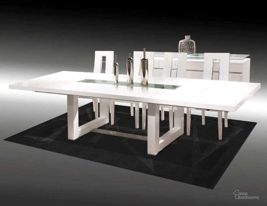 The appearance of Novo Extendable White Lacquer Dining Table designed by Sharelle Furnishings in the modern / contemporary interior design. This white piece of furniture  was selected by 1StopBedrooms from Novo Collection to add a touch of cosiness and style into your home. Sku: NOVO-WG-DINTABLE. Table Base Style: Double Pedestal. Product Type: Dining Table. Material: Bonded Leather. Table Top Shape: Rectangular. Image1