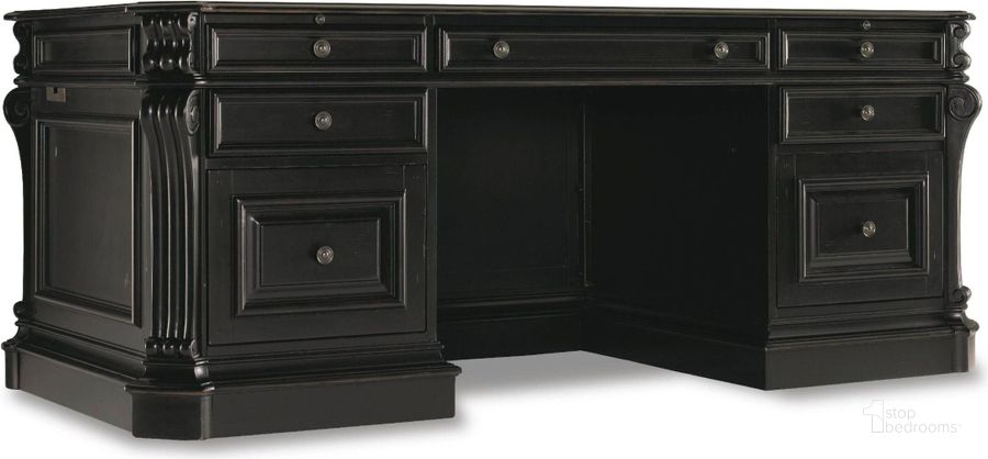 The appearance of Telluride Black 76'' Executive Desk designed by Hooker in the traditional interior design. This black piece of furniture  was selected by 1StopBedrooms from Telluride Collection to add a touch of cosiness and style into your home. Sku: 370-10-363. Material: Wood. Product Type: Executive Desk. Image1