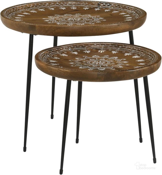 The appearance of Nuala 2-Piece Round Nesting Table with Tripod Tapered Legs In Honey and Black designed by Coaster in the modern / contemporary interior design. This honey/black piece of furniture  was selected by 1StopBedrooms from Nuala Collection to add a touch of cosiness and style into your home. Sku: 935984. Material: Wood. Product Type: Nesting Table. Image1