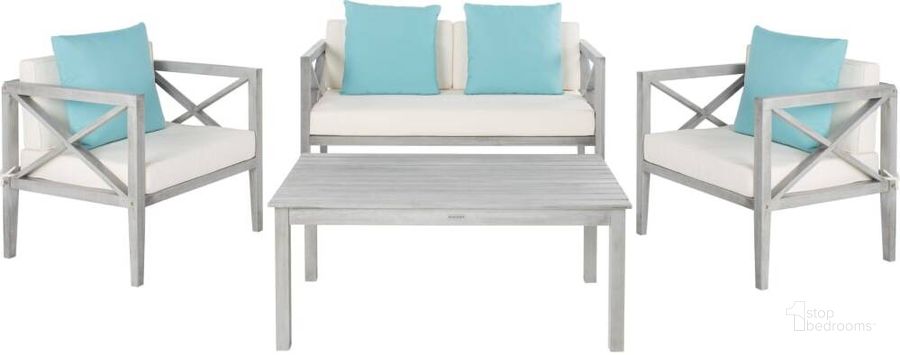 The appearance of Nunzio Grey Wash, White and Light Blue 4-Piece Outdoor Set with Accent Pillows designed by Safavieh in the modern / contemporary interior design. This blue and grey piece of furniture  was selected by 1StopBedrooms from Nunzio Collection to add a touch of cosiness and style into your home. Sku: PAT7031B. Material: Steel. Product Type: Outdoor Conversation Set. Image1