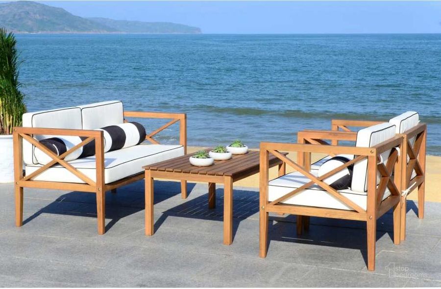 The appearance of Nunzio Teak, Black and White 4-Piece Outdoor Set with Accent Pillows designed by Safavieh in the modern / contemporary interior design. This white and natural piece of furniture  was selected by 1StopBedrooms from Nunzio Collection to add a touch of cosiness and style into your home. Sku: PAT7031C. Material: Steel. Product Type: Outdoor Conversation Set. Image1