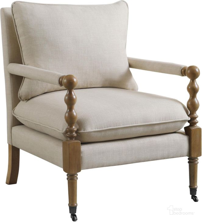 The appearance of Oatmeal Accent Chair w/ Decorative Casters designed by Coaster in the traditional interior design. This oatmeal piece of furniture  was selected by 1StopBedrooms from  to add a touch of cosiness and style into your home. Sku: 903058. Product Type: Accent Chair. Material: Rubberwood. Image1