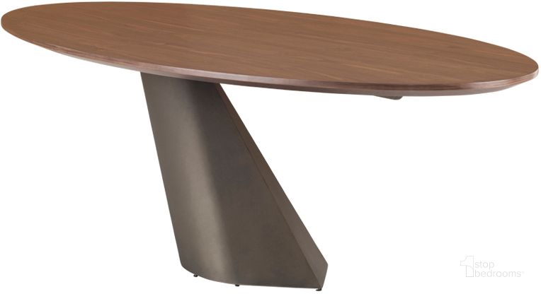 The appearance of Oblo Walnut Wood Dining Table HGNE108 designed by Nuevo in the modern / contemporary interior design. This walnut piece of furniture  was selected by 1StopBedrooms from Oblo Collection to add a touch of cosiness and style into your home. Sku: HGNE108. Table Base Style: Pedestal. Table Top Shape: Oval. Material: Wood. Product Type: Dining Table. Size: 47". Image1