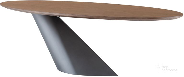The appearance of Oblo Walnut Wood Dining Table HGNE119 designed by Nuevo in the modern / contemporary interior design. This walnut and dark gray piece of furniture  was selected by 1StopBedrooms from Oblo Collection to add a touch of cosiness and style into your home. Sku: HGNE119. Table Base Style: Pedestal. Table Top Shape: Oval. Material: Wood. Product Type: Dining Table. Size: 47". Image1