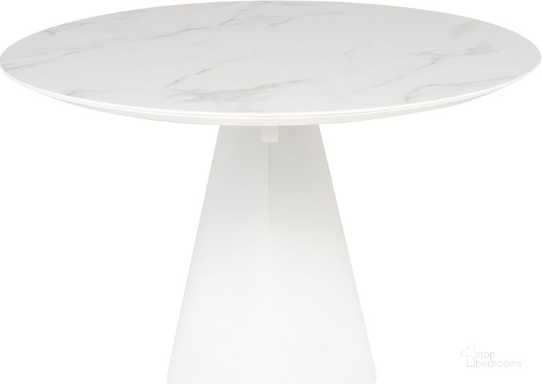 The appearance of Oblo White Ceramic Dining Table HGNE282 designed by Nuevo in the modern / contemporary interior design. This white piece of furniture  was selected by 1StopBedrooms from Oblo Collection to add a touch of cosiness and style into your home. Sku: HGNE282. Table Base Style: Pedestal. Table Top Shape: Oval. Product Type: Dining Table. Material: Ceramic. Size: 46". Image1