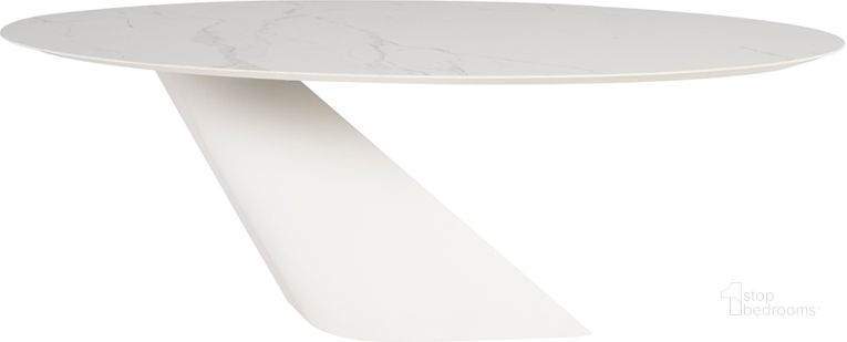 The appearance of Oblo White Ceramic Dining Table HGNE283 designed by Nuevo in the modern / contemporary interior design. This white piece of furniture  was selected by 1StopBedrooms from Oblo Collection to add a touch of cosiness and style into your home. Sku: HGNE283. Table Base Style: Pedestal. Table Top Shape: Oval. Product Type: Dining Table. Material: Ceramic. Size: 46.