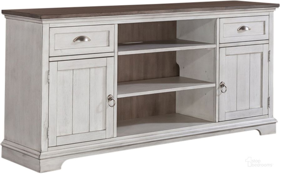 The appearance of Ocean Isle 64 Inch Entertainment Tv Stand In White designed by Liberty in the traditional interior design. This white piece of furniture  was selected by 1StopBedrooms from Ocean Isle Collection to add a touch of cosiness and style into your home. Sku: 303W-TV64. Product Type: TV Stand. Material: Rubberwood. Image1