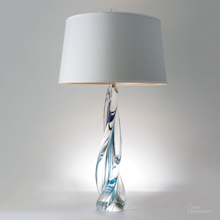 The appearance of Ocean Twist Lamp With Silk Shade In Blue designed by Global Views in the modern / contemporary interior design. This blue piece of furniture  was selected by 1StopBedrooms from Ocean Collection to add a touch of cosiness and style into your home. Sku: 7.60088. Material: Glass. Product Type: Lamp. Image1