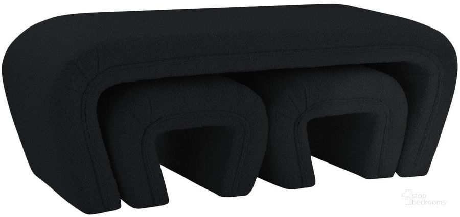 The appearance of Odelia Black Boucle Fabric Bench designed by Meridian in the modern / contemporary interior design. This black piece of furniture  was selected by 1StopBedrooms from Odelia Collection to add a touch of cosiness and style into your home. Sku: 155Black. Material: Fabric. Product Type: Bench. Image1