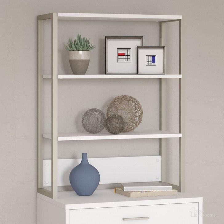 The appearance of Office by Kathy Ireland Method Bookcase Hutch in White designed by Bush Furniture in the modern / contemporary interior design. This white piece of furniture  was selected by 1StopBedrooms from Method Collection to add a touch of cosiness and style into your home. Sku: KI70206. Product Type: Hutch. Image1