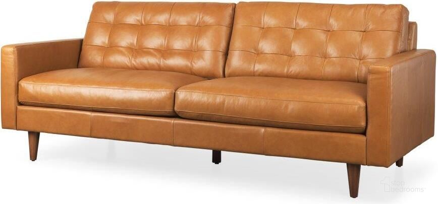 The appearance of Olaf Tan Leather Sofa designed by Mercana in the modern / contemporary interior design. This tan piece of furniture  was selected by 1StopBedrooms from Olaf Collection to add a touch of cosiness and style into your home. Sku: 69693. Material: Wood. Product Type: Sofa. Image1