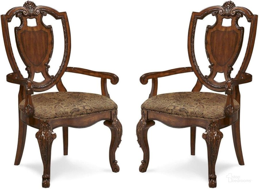 The appearance of Old World Shield Back Arm Chair with Fabric Seat Set of 2 designed by A.R.T. in the traditional interior design. This brown piece of furniture  was selected by 1StopBedrooms from Old World Collection to add a touch of cosiness and style into your home. Sku: 143203-2606. Product Type: Arm Chair. Image1