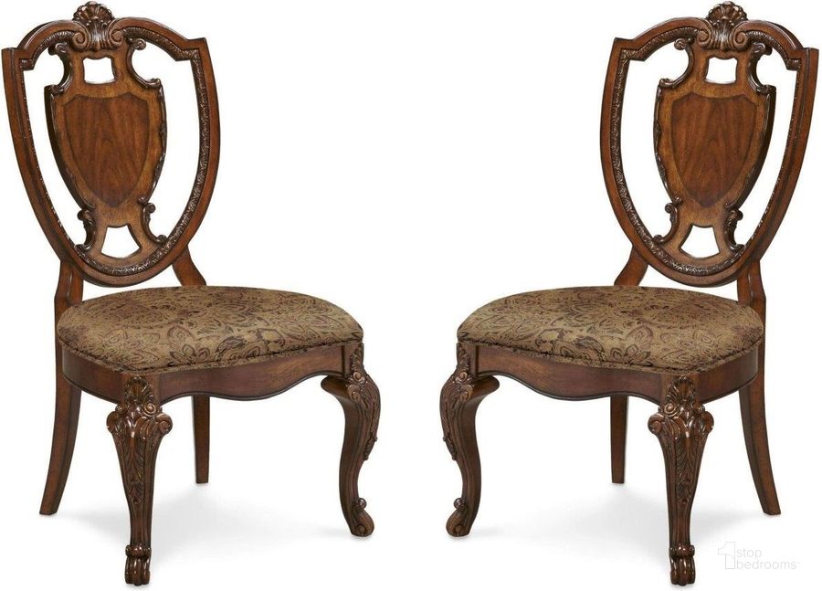 The appearance of Old World Shield Back Side Chair with Fabric Seat Set of 2 designed by A.R.T. in the traditional interior design. This brown piece of furniture  was selected by 1StopBedrooms from Old World Collection to add a touch of cosiness and style into your home. Sku: 143202-2606. Product Type: Side Chair. Image1