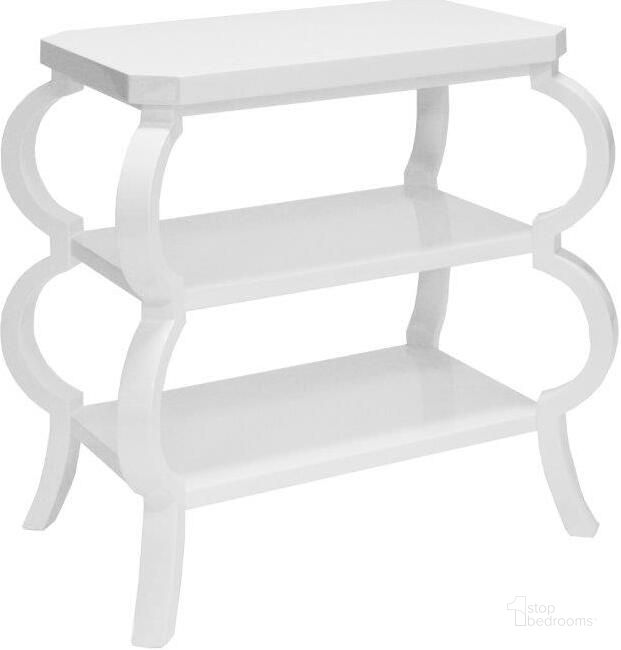 The appearance of Olive Matte White Lacquer 3 Tier Side Table designed by Worlds Away in the modern / contemporary interior design. This white piece of furniture  was selected by 1StopBedrooms from Olive Collection to add a touch of cosiness and style into your home. Sku: OLIVE WH. Product Type: Side Table. Material: MDF.