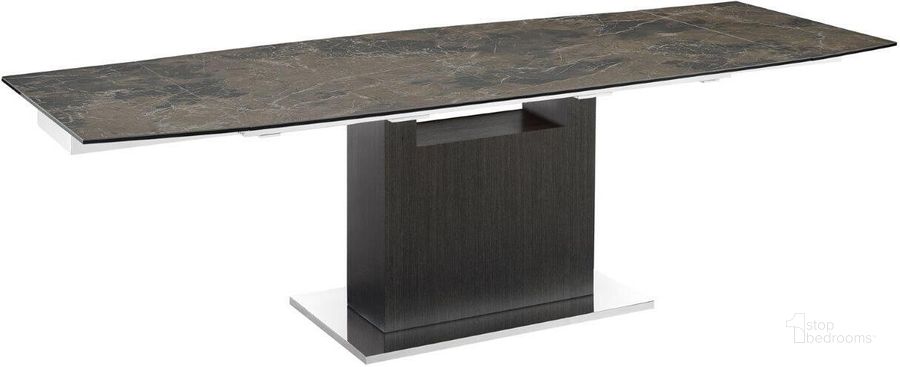 The appearance of Olivia Dining Table In Brown Marbled Porcelain Top On Glass With Gray Oak Base designed by Casabianca Home in the modern / contemporary interior design. This brown piece of furniture  was selected by 1StopBedrooms from Olivia Collection to add a touch of cosiness and style into your home. Sku: TC-MAN03OAKEMP. Table Base Style: Pedestal. Product Type: Dining Table. Table Top Shape: Rectangular. Material: Stainless Steel. Size: 71". Image1