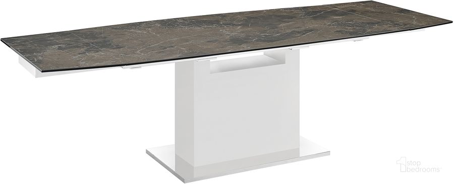 The appearance of Olivia Dining Table In Brown Marbled Porcelain Top On Glass With High Gloss White Lacquer Base designed by Casabianca Home in the modern / contemporary interior design. This brown piece of furniture  was selected by 1StopBedrooms from Olivia Collection to add a touch of cosiness and style into your home. Sku: TC-MAN03WHTEMP. Table Base Style: Pedestal. Product Type: Dining Table. Table Top Shape: Rectangular. Material: Stainless Steel. Size: 71". Image1