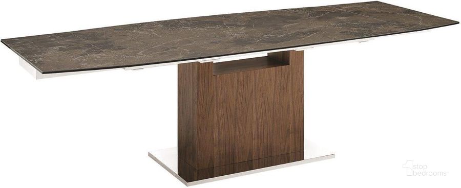 The appearance of Olivia Dining Table In Brown Marbled Porcelain Top With Walnut Veneer Base designed by Casabianca Home in the modern / contemporary interior design. This brown piece of furniture  was selected by 1StopBedrooms from Olivia Collection to add a touch of cosiness and style into your home. Sku: TC-MAN03WALEMP. Table Base Style: Pedestal. Product Type: Dining Table. Table Top Shape: Rectangular. Material: Stainless Steel. Size: 71". Image1