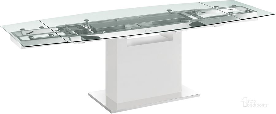 The appearance of Olivia Dining Table In Clear Glass With High Gloss White Lacquer Base designed by Casabianca Home in the modern / contemporary interior design. This white piece of furniture  was selected by 1StopBedrooms from Olivia Collection to add a touch of cosiness and style into your home. Sku: TC-MAN03WHTCLR. Table Base Style: Pedestal. Product Type: Dining Table. Table Top Shape: Rectangular. Material: Stainless Steel. Size: 71". Image1