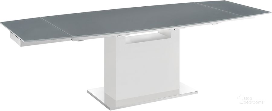 The appearance of Olivia Dining Table In Gray Glass With High Gloss White Lacquer Base designed by Casabianca Home in the modern / contemporary interior design. This gray piece of furniture  was selected by 1StopBedrooms from Olivia Collection to add a touch of cosiness and style into your home. Sku: TC-MAN03WHTGRY. Table Base Style: Pedestal. Product Type: Dining Table. Table Top Shape: Rectangular. Material: Stainless Steel. Size: 71". Image1