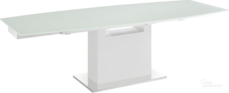 The appearance of Olivia Dining Table In White Glass With High Gloss White Lacquer Base designed by Casabianca Home in the modern / contemporary interior design. This white piece of furniture  was selected by 1StopBedrooms from Olivia Collection to add a touch of cosiness and style into your home. Sku: TC-MAN03WHTWHT. Table Base Style: Pedestal. Product Type: Dining Table. Table Top Shape: Rectangular. Material: Stainless Steel. Size: 71". Image1