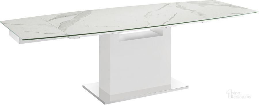 The appearance of Olivia Dining Table In White Marbled Porcelain Top On Glass With High Gloss White Lacquer Base designed by Casabianca Home in the modern / contemporary interior design. This white marble piece of furniture  was selected by 1StopBedrooms from Olivia Collection to add a touch of cosiness and style into your home. Sku: TC-MAN03WHTMAR. Table Base Style: Pedestal. Product Type: Dining Table. Table Top Shape: Rectangular. Material: Stainless Steel. Size: 71". Image1