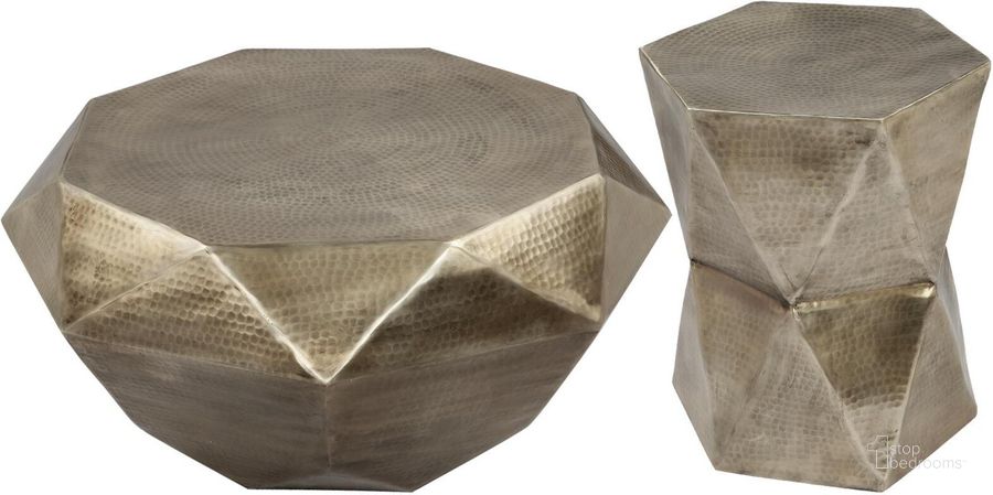 The appearance of Olivia Hammered Gold Geometric End Table designed by Riverside Furniture in the glam interior design. This gold piece of furniture  was selected by 1StopBedrooms from Olivia Collection to add a touch of cosiness and style into your home. Sku: 18709. Product Type: End Table. Image1