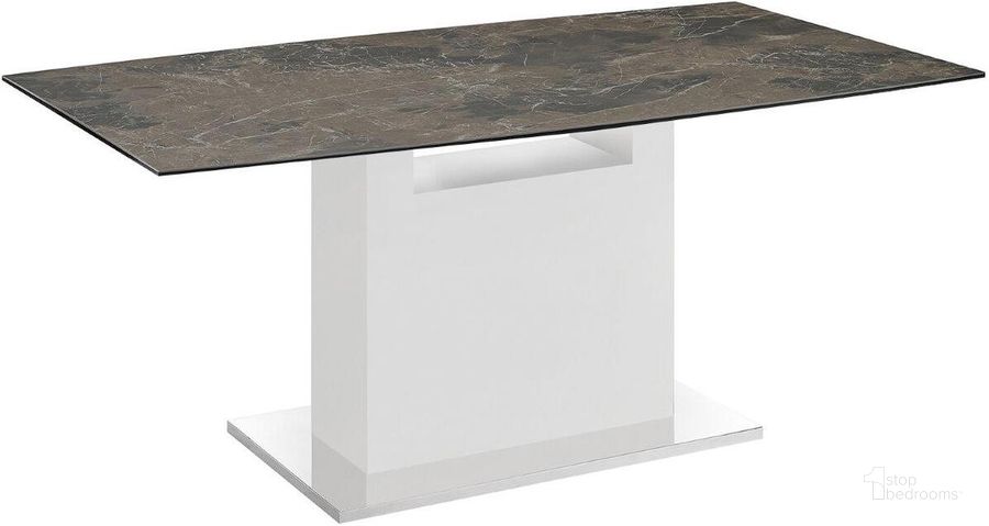 The appearance of Olivia Dining Table With White Base and Brown Marbled Top designed by Casabianca Home in the modern / contemporary interior design. This brown piece of furniture  was selected by 1StopBedrooms from Olivia Collection to add a touch of cosiness and style into your home. Sku: TC-MFIX03WHTEMP. Table Base Style: Pedestal. Product Type: Dining Table. Material: Porcelain. Table Top Shape: Rectangular. Size: 71.