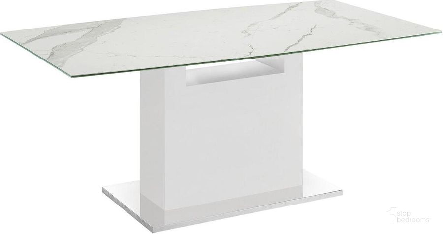 The appearance of Olivia Dining Table With White Base and White Marbled Top designed by Casabianca Home in the modern / contemporary interior design. This white marble piece of furniture  was selected by 1StopBedrooms from Olivia Collection to add a touch of cosiness and style into your home. Sku: TC-MFIX03WHTMAR. Table Base Style: Pedestal. Product Type: Dining Table. Material: Porcelain. Table Top Shape: Rectangular. Size: 71.