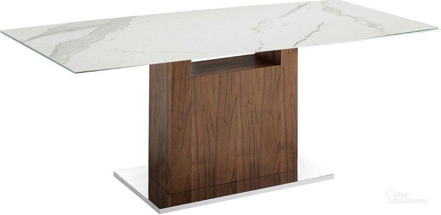 The appearance of Olivia Dining Table With Walnut Base and White Marbled Top designed by Casabianca Home in the modern / contemporary interior design. This walnut piece of furniture  was selected by 1StopBedrooms from Olivia Collection to add a touch of cosiness and style into your home. Sku: TC-MFIX03WALMAR. Table Base Style: Pedestal. Product Type: Dining Table. Material: Porcelain. Table Top Shape: Rectangular. Size: 71.