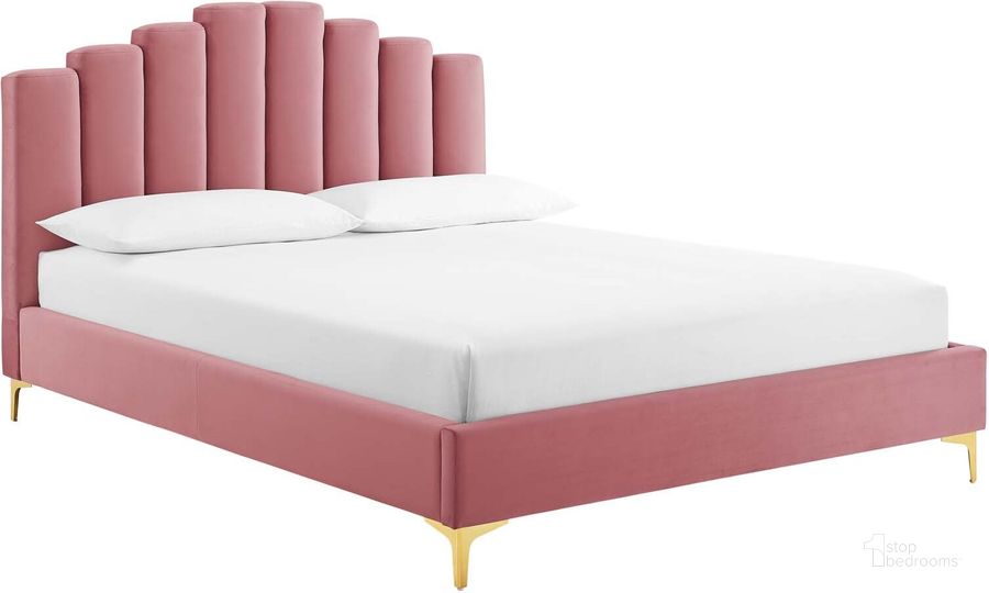 The appearance of Olivia Queen Performance Velvet Platform Bed MOD-6280-DUS designed by Modway in the modern / contemporary interior design. This dusty rose piece of furniture  was selected by 1StopBedrooms from Olivia Collection to add a touch of cosiness and style into your home. Sku: MOD-6280-DUS. Bed Type: Platform Bed. Product Type: Platform Bed. Bed Size: Queen. Material: MDF. Image1