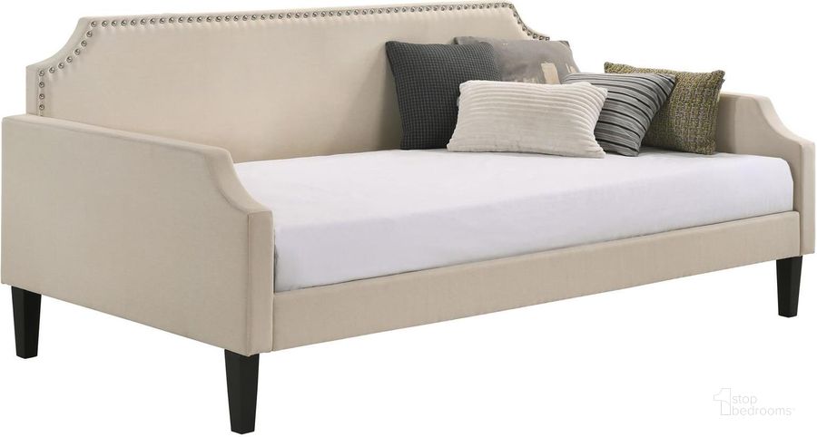 The appearance of Olivia Upholstered Twin Daybed with Nailhead Trim In Taupe designed by Coaster in the transitional interior design. This taupe piece of furniture  was selected by 1StopBedrooms from Olivia Collection to add a touch of cosiness and style into your home. Sku: 300635. Bed Type: Daybed. Material: Upholstered. Product Type: DayBed. Bed Size: Twin. Image1