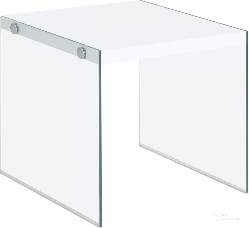 The appearance of Opal Square End Table with Clear Glass Legs In White High Gloss designed by Coaster in the modern / contemporary interior design. This white high gloss piece of furniture  was selected by 1StopBedrooms from Opal Collection to add a touch of cosiness and style into your home. Sku: 704147. Material: Glass. Product Type: End Table. Image1