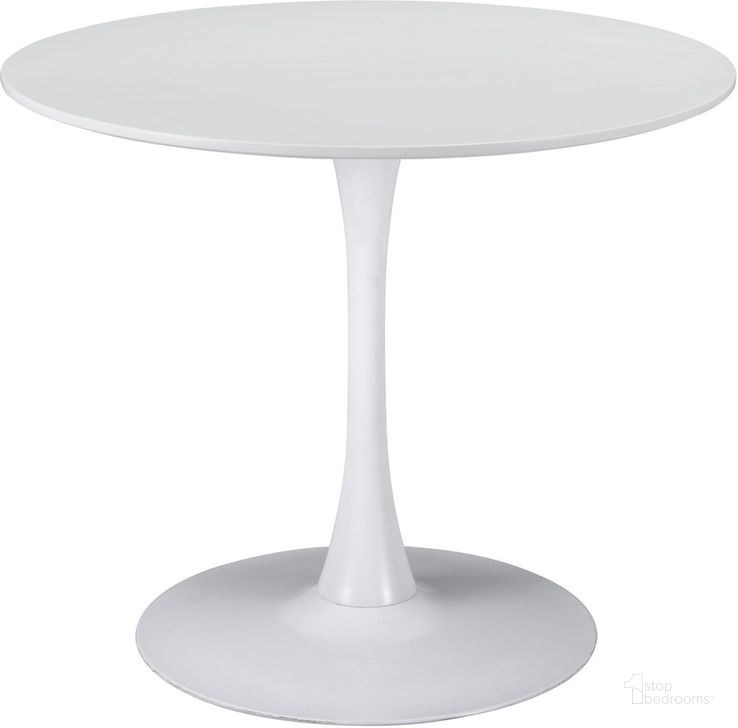 The appearance of Opus Dining Table In White designed by Zuo Modern in the modern / contemporary interior design. This white piece of furniture  was selected by 1StopBedrooms from Opus Collection to add a touch of cosiness and style into your home. Sku: 101566. Table Top Shape: Round. Material: Steel. Product Type: Dining Table. Size: 35". Image1