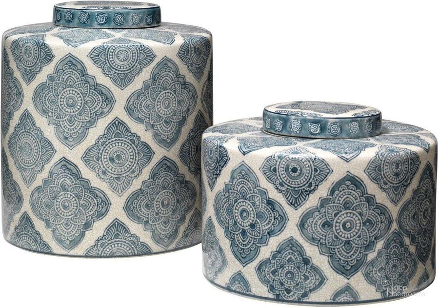 The appearance of Oran Canisters (Set of 2) designed by Jamie Young Company in the coastal interior design. This blue piece of furniture  was selected by 1StopBedrooms from Oran Collection to add a touch of cosiness and style into your home. Sku: 7ORAN-CABL. Product Type: Decor. Material: Ceramic. Image1