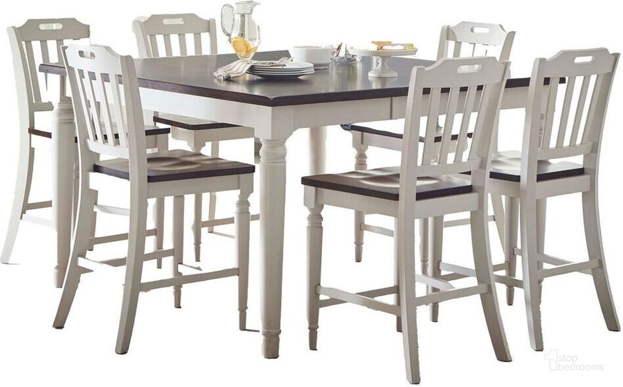 The appearance of Orchard Park Solid Rubberwood 60 Inch Seven-Piece Farmhouse Counter Height Dining Set In Soft Grey designed by Jofran in the traditional interior design. This soft grey piece of furniture  was selected by 1StopBedrooms from Orchard Park Collection to add a touch of cosiness and style into your home. Sku: 1771-60C-7. Product Type: Dining Room Set. Material: Rubberwood. Image1