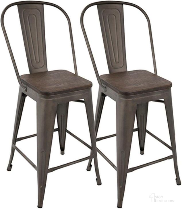 The appearance of Oregon Industrial High Back Counter Stool In Antique And Espresso - Set Of 2 designed by Lumisource in the industrial interior design. This antique piece of furniture  was selected by 1StopBedrooms from Oregon Collection to add a touch of cosiness and style into your home. Sku: CS-ORHB AN+E2. Material: Metal. Product Type: Barstool. Image1