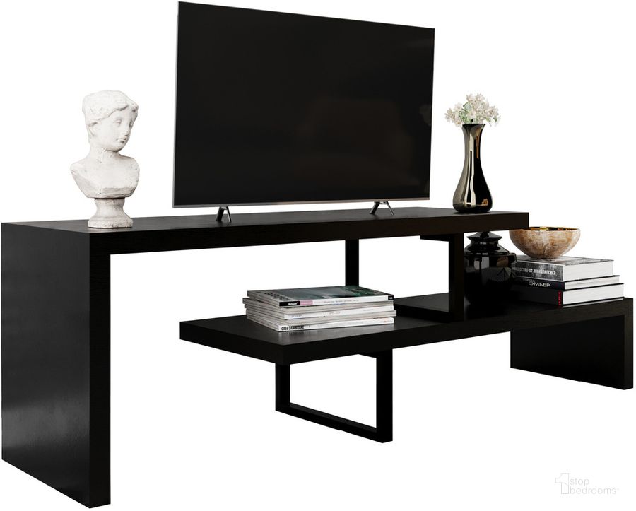 The appearance of Orford TV Stand with MDF Shelves and Iron Legs In Ebony designed by LeisureMod in the transitional interior design. This ebony piece of furniture  was selected by 1StopBedrooms from Orford Collection to add a touch of cosiness and style into your home. Sku: ORS88BL. Product Type: TV Stand. Material: MDF. Image1