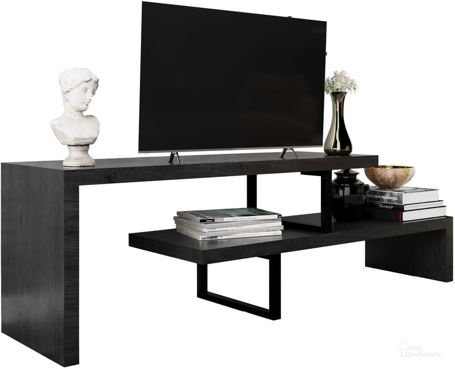 The appearance of Orford TV Stand with MDF Shelves and Iron Legs In Phantom Grey designed by LeisureMod in the transitional interior design. This grey piece of furniture  was selected by 1StopBedrooms from Orford Collection to add a touch of cosiness and style into your home. Sku: ORS88GR. Product Type: TV Stand. Material: MDF. Image1