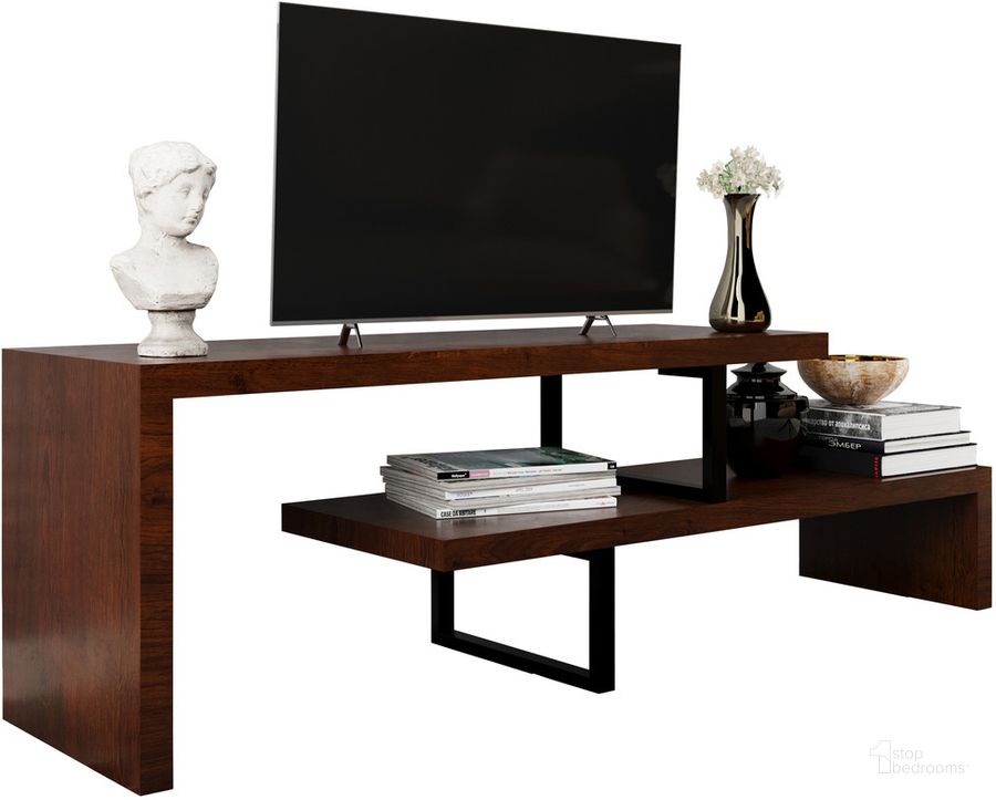 The appearance of Orford TV Stand with MDF Shelves and Iron Legs In Walnut designed by LeisureMod in the transitional interior design. This walnut piece of furniture  was selected by 1StopBedrooms from Orford Collection to add a touch of cosiness and style into your home. Sku: ORS88NW. Product Type: TV Stand. Material: MDF. Image1