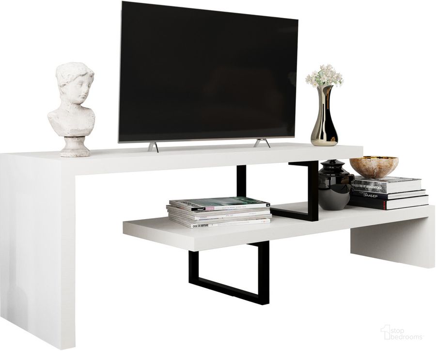 The appearance of Orford TV Stand with MDF Shelves and Iron Legs In White designed by LeisureMod in the transitional interior design. This white piece of furniture  was selected by 1StopBedrooms from Orford Collection to add a touch of cosiness and style into your home. Sku: ORS88W. Product Type: TV Stand. Material: MDF. Image1