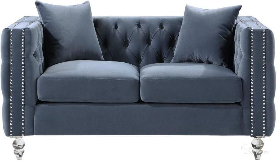 The appearance of Orina Blue Loveseat designed by Homelegance in the modern / contemporary interior design. This blue piece of furniture  was selected by 1StopBedrooms from Orina Collection to add a touch of cosiness and style into your home. Sku: 9349DBU-2. Product Type: Loveseat. Material: Velvet. Image1