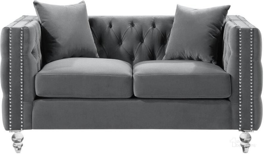 The appearance of Orina Gray Loveseat designed by Homelegance in the modern / contemporary interior design. This gray piece of furniture  was selected by 1StopBedrooms from Orina Collection to add a touch of cosiness and style into your home. Sku: 9349GRY-2. Product Type: Loveseat. Material: Velvet. Image1