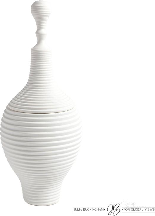 The appearance of Orion Large Jar In White designed by Global Views in the modern / contemporary interior design. This white piece of furniture  was selected by 1StopBedrooms from Orion Collection to add a touch of cosiness and style into your home. Sku: JB1.10051. Material: Ceramic. Product Type: Jar. Image1