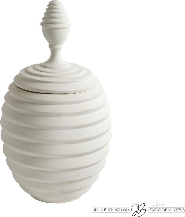 The appearance of Orion Medium Jar In White designed by Global Views in the modern / contemporary interior design. This white piece of furniture  was selected by 1StopBedrooms from Orion Collection to add a touch of cosiness and style into your home. Sku: JB1.10052. Material: Ceramic. Product Type: Jar. Image1
