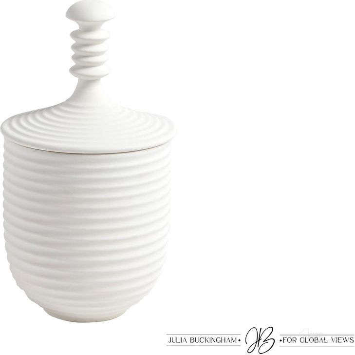 The appearance of Orion Small Jar In White designed by Global Views in the modern / contemporary interior design. This white piece of furniture  was selected by 1StopBedrooms from Orion Collection to add a touch of cosiness and style into your home. Sku: JB1.10053. Material: Ceramic. Product Type: Jar. Image1