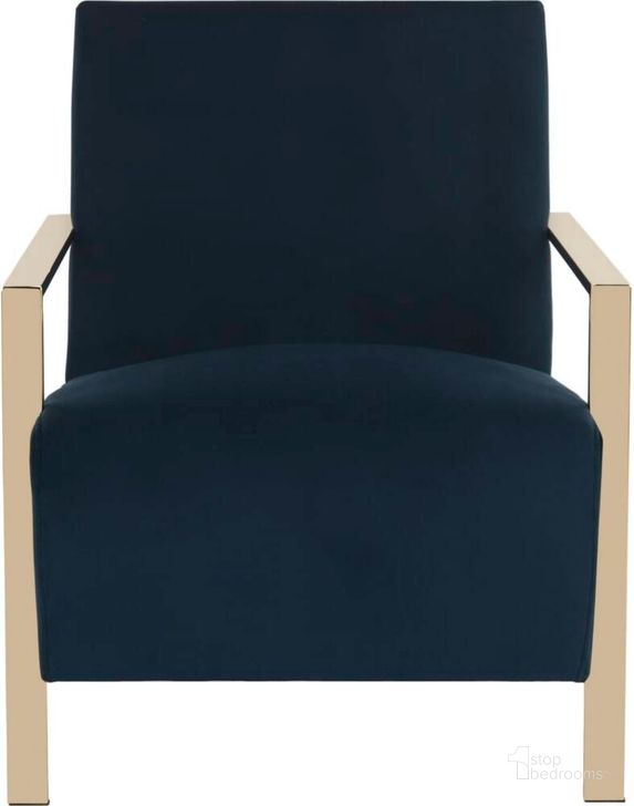 The appearance of Orna Navy Accent Chair designed by Safavieh in the modern / contemporary interior design. This navy velvet piece of furniture  was selected by 1StopBedrooms from Orna Collection to add a touch of cosiness and style into your home. Sku: FOX6287A. Product Type: Accent Chair. Material: Brass. Image1