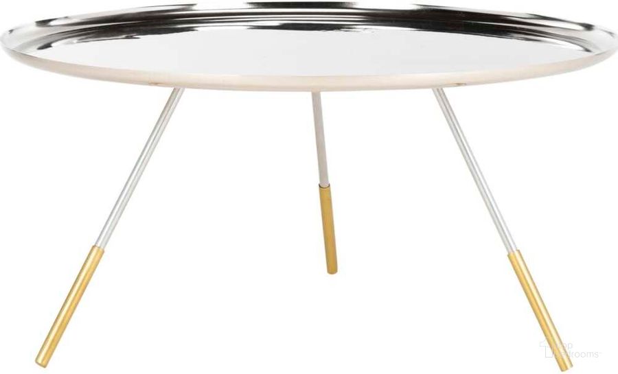 The appearance of Orson Silver/Gold Coffee Table with Metal Gold Cap designed by Safavieh in the modern / contemporary interior design. This silver piece of furniture  was selected by 1StopBedrooms from Orson Collection to add a touch of cosiness and style into your home. Sku: FOX4525B. Product Type: Coffee Table. Material: Iron. Image1